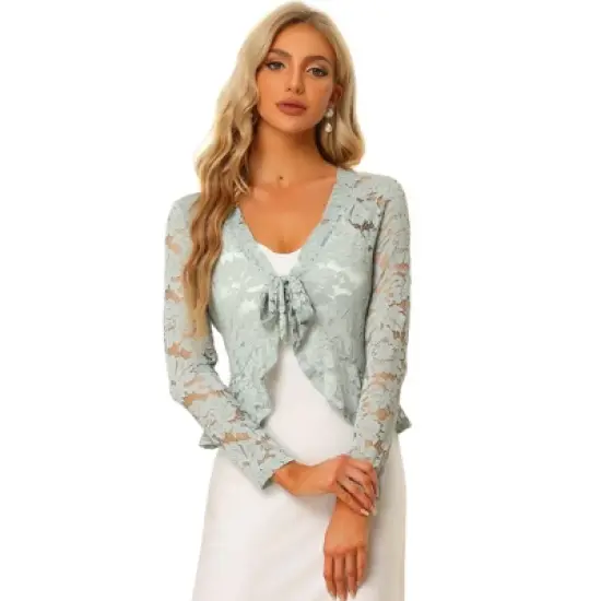 Allegra K Women's Tie Front Crop Cardigan Ruffled Hem Floral Lace Sheer Shrug Top image {17}
