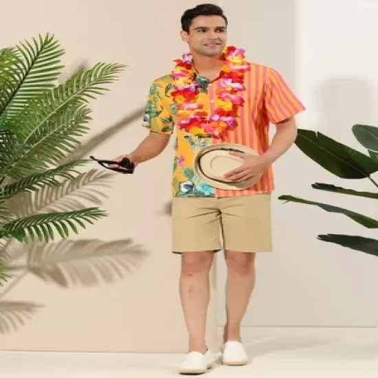 Lars Amadeus Men's Striped Shirt Point Collar Button Up Flower Print Summer Hawaiian Floral Patchwork Shirt image {2}