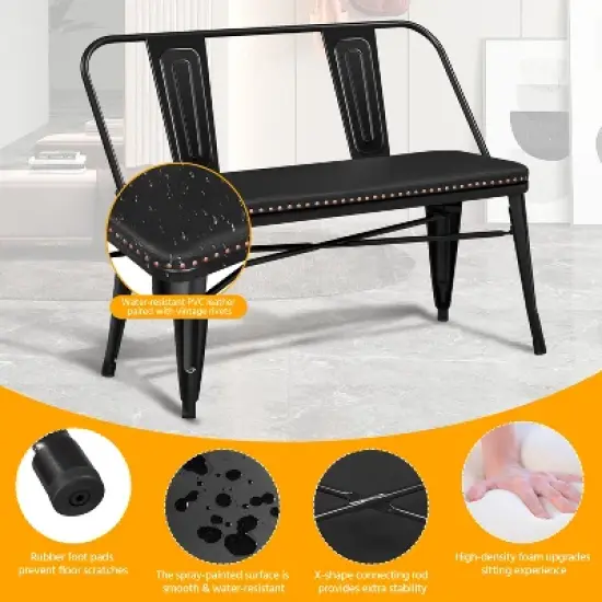 Yaheetech Industrial Metal Dining Bench with Upholstered Seat, Black image {3}