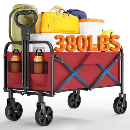 Wagons Carts Foldable, GarveeLife Utility Collapsible Wagon with All-Terrain Wheels, Drink Holders & Adjustable Handle, 380LBS Portable Grocery Wagon image {9}