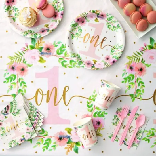 Sparkle and Bash 3 Pack Floral Plastic Tablecloth, Baby Girls First Birthday Decorations, 54x108 in image {2}