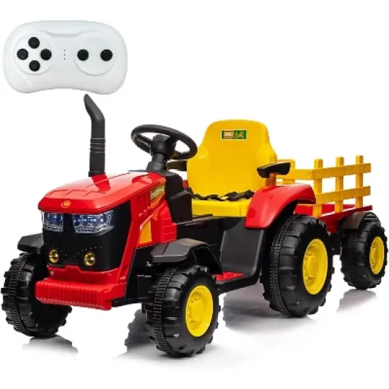 12V Kids Ride-On Tractor with Remote Control, Detachable Trailer, 35W Dual Motors, 3 Speed, 7 LED Lights, Durable Electric Farm Truck Toy image {9}