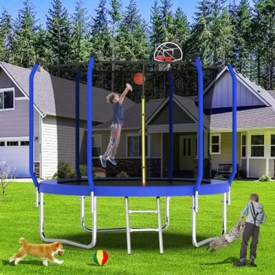 Whisen Kids&rsquo; Trampoline with Safety Enclosure Net, Foam Padded Poles, W-Shaped Legs,  Ladder and Basketball Hoop - Blue image {10}