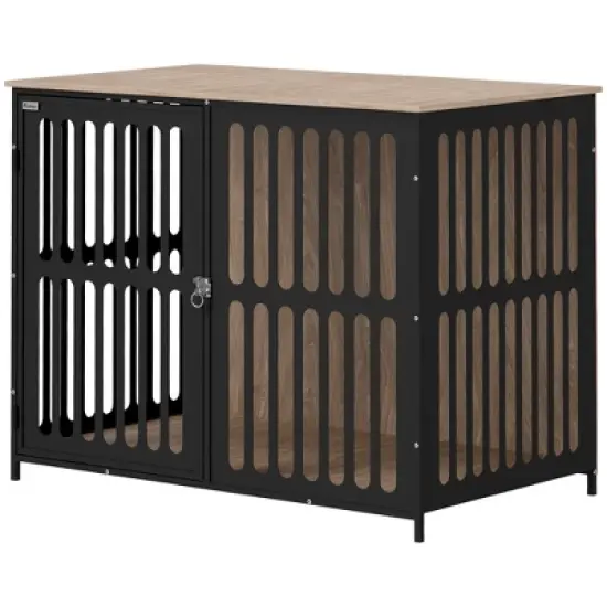 PawHut Dog Crate Furniture, 39" Dog Cage Furniture End Side Table w/ Anti-Chew Resistant Mesh, Anti-Escape Single Door, for Large Dogs, Walnut Brown image {3}
