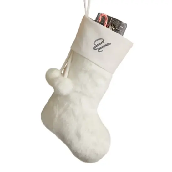 Personalization Mall Embroidered Initial Faux Fur Christmas Stocking, Ivory image {22}