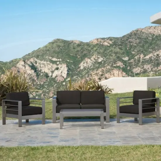 4-Piece Outdoor Aluminum Conversation Set with Glass Top Table,Loveseat & 2 Armchairs, Patio Furniture for Balcony,Deck,or Garden-Maison Boucle image {7}