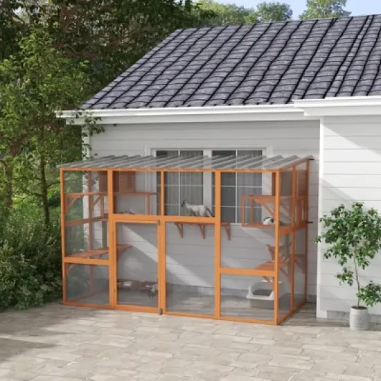 PawHut Catio, Outdoor Cat Enclosure Window Box Wooden Cat House w/ Weather Protection Roof for 2 Kitties with Resting Box, Platforms & Bridge image {2}