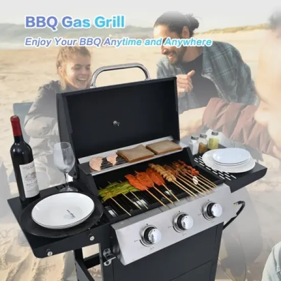 3-Burner Propane Gas Grill with Stainless Steel Lid, Dual Side Shelves, Built-In Thermometer, Wheels & Bottle Opener, 26,000 BTU Outdoor BBQ image {4}