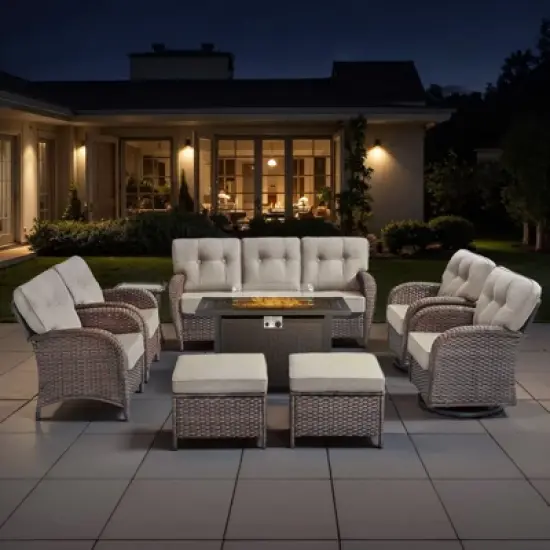 Belord Brown Wicker 9 Piece Patio Furniture Set with 5" Thick Cushions, Outdoor Fire Pit Table Set with Swivel Gliding Rocker Chairs and Club Chairs image {16}