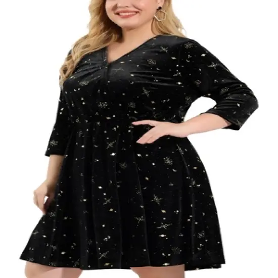 Agnes Orinda Women's Plus Size Velvet 3/4 Sleeve Elastic Waist Party Dress image {7}