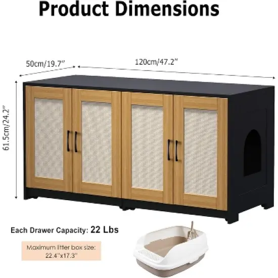 2  Cat Litter Box Cabinet, 47'' Hidden Litter Box Enclosure with Double Room, Wooden Cat House TV Stand Sideboard with 4 Sisal Doors image {4}
