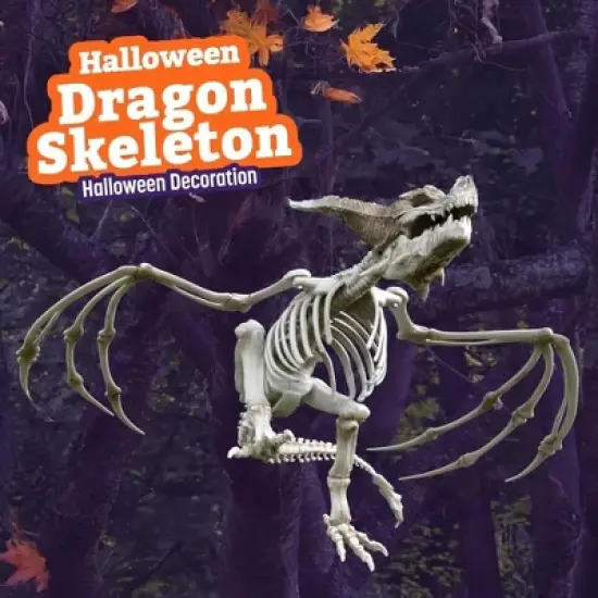 Halloween Dragon Skeleton- Large Indoor/Outdoor Plastic Bones Prop for Decor, Haunted Houses, w Invisible String for Hanging- Movable, Posable Parts image {1}