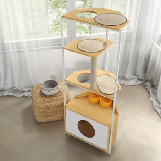 Lirago White and Oak Corner Cat Tower-58.3"H Cat Tree with Scratching Post and Feeding Station image {2}