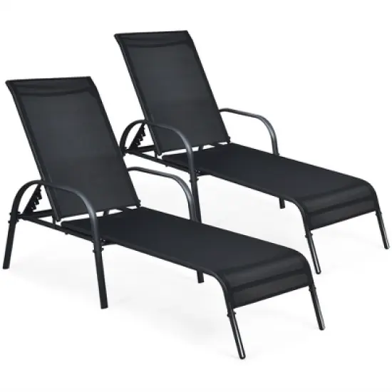 Costway 2PCS Outdoor Patio Lounge Chair Chaise Fabric Adjustable Reclining Armrest Black image {7}