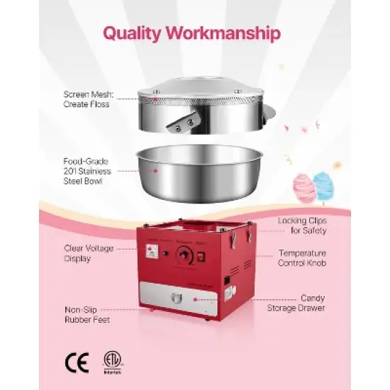 VEVOR Electric Cotton Candy Machine, 1000W Commercial Candy Floss Maker with 20.5 in Stainless Steel Bowl, Sugar Scoop, and Drawer, Red image {5}