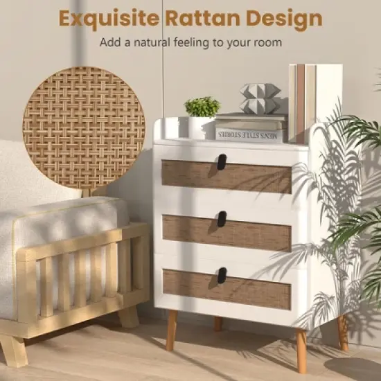Tangkula Modern Nightstand End Bedside Table w/ 3 Rattan Drawers & Solid Wood Legs White image {3}