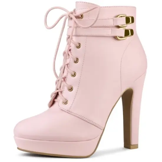 Allegra K Women's Lace Up Round Toe Platform Block Heels Ankle Boots image {9}