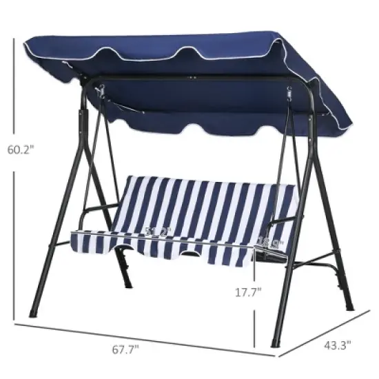 CAVINAS Striped 3-Seat Patio Porch Swing,Hammock Swing Bench with Adjustable Canopy,Outdoor Swing for Garden&Backyard,440LBS Capacity,Dark Blue image {3}