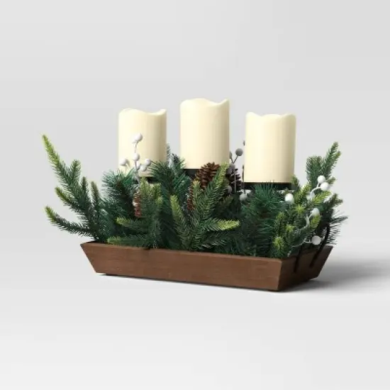 Battery Operated Flameless Pillar Candle and Black Candle Holder in Wood Tray with Faux Christmas Greenery - Wondershop&trade; image {3}