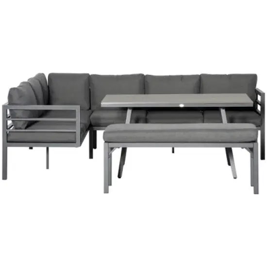 Outsunny 4 Piece Patio Furniture Set, Outdoor L-Shaped Sectional Sofa with 2 Couches, Bench, Dining Table, Cushions, Aluminum Conversation Set, Gray image {2}