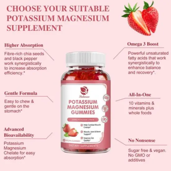 Lukaree High Absorption Magnesium Glycinate 500mg & Potassium Citrate 200mg - Chewable Gummy for Calm Mood & Energy - 60 Count image {4}