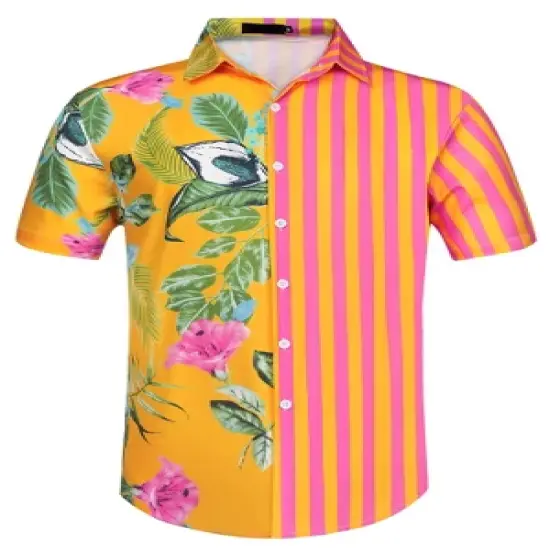 Lars Amadeus Men's Striped Shirt Point Collar Button Up Flower Print Summer Hawaiian Floral Patchwork Shirt image {6}
