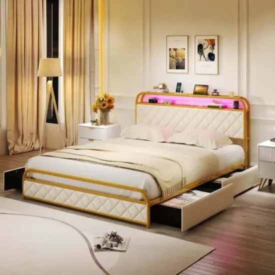 Costway Twin/Full/Queen Size Bed Frame with LED Lights & Charging Station Storage Headboard & Drawers Golden image {12}