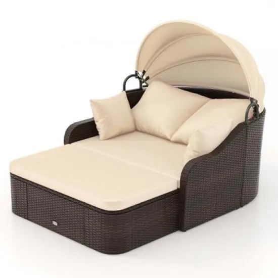 Costway Patio PE Rattan Daybed with Retractable Canopy Soft Cushions and Extra Pillows image {10}