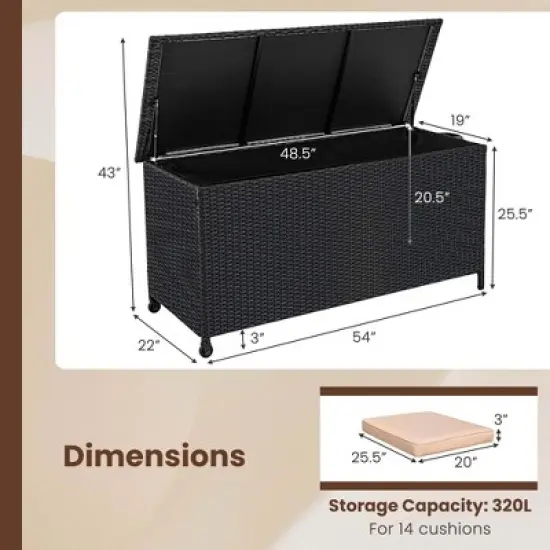 Costway 85 Gallon Rattan Deck Box with Waterproof Liner Universal Wheels & Gas Strut Brown/Black image {2}
