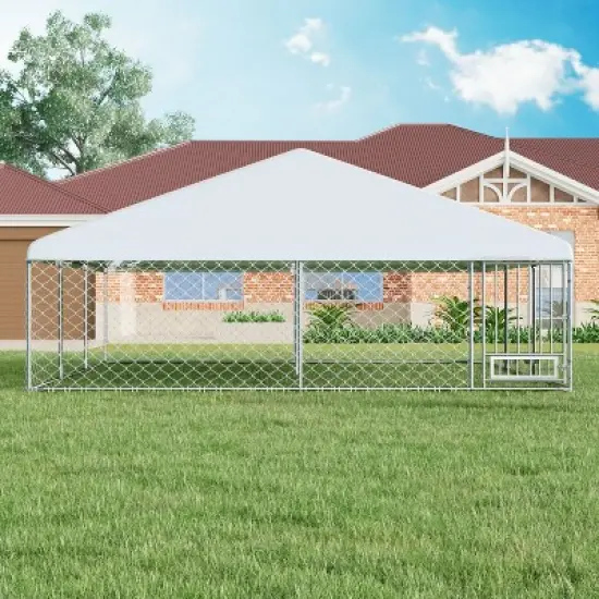 EROMMY 15x15ft Large Outdoor Dog Kennel, Waterproof Cover and Rotating Feeder, Galvanized Steel Metal with Lockable Door image {7}