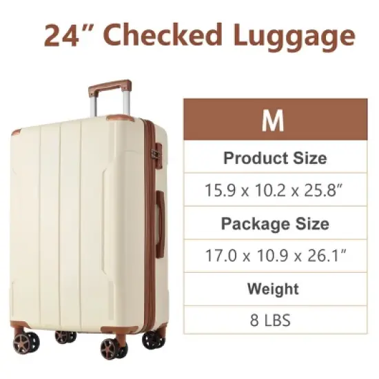 Syemin Luggage Hardshell Luggage, Lightweight Durable ABS Suitcase with Double Spinner Wheels 24" Travel Carry-On Luggage, Brown, 15.9"*10.2"*25.8" image {4}