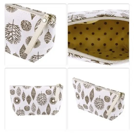 Unique Bargains Women's Leaves Small Cosmetic Bag White Brown 1 Pc image {2}