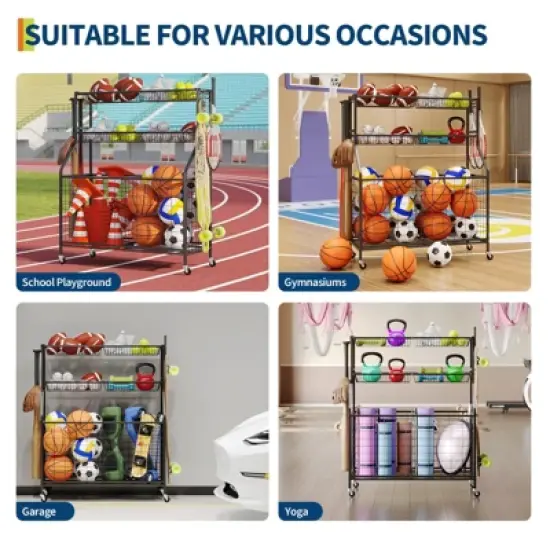 Sports Equipment Garage Organizer, Sports & Toy Storage Organizer for Garage, Outdoor Ball Storage with Baskets, Hooks & Rolling Cart, Ball Rack image {5}