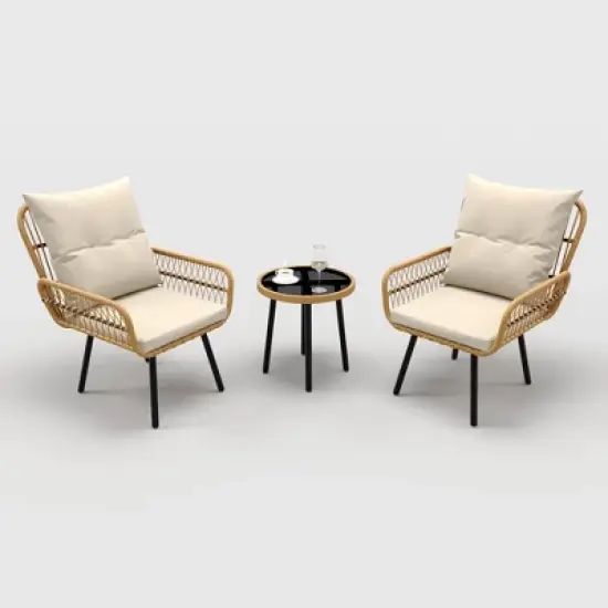 3-Piece Outdoor Bistro Set, Rattan Table and Cushioned Chairs, All-Weather Wicker Patio Conversation Set for Balcony, Porch, or Garden image {5}