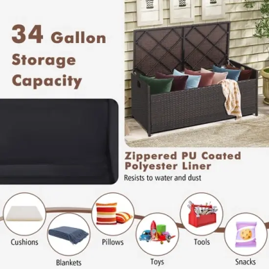 Costway  34 Gallon Patio Wicker Storage Deck Box W/Cushion Off White Backyard image {5}