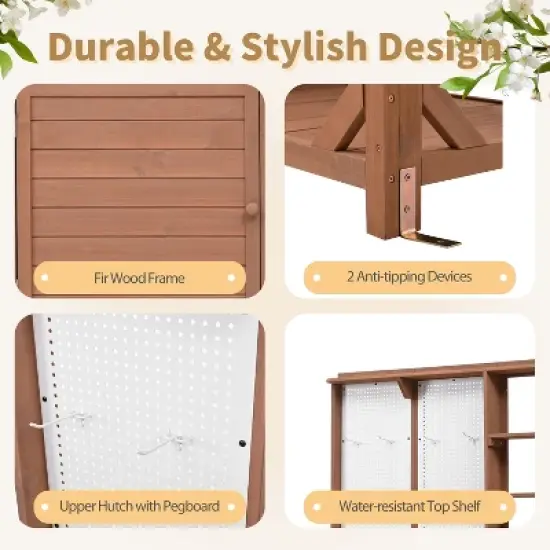 Garden Potting Bench Table Outdoor Patio Workstation with Drawer, Shelves, Cabinet, Pegboard with Hooks, Fir Wood Frame,Natural/White/Brown-ModernLuxe image {4}