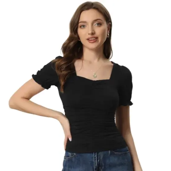 Allegra K Women's Square Neck Puff Sleeve Elegant Glitter Ruched Blouse image {6}