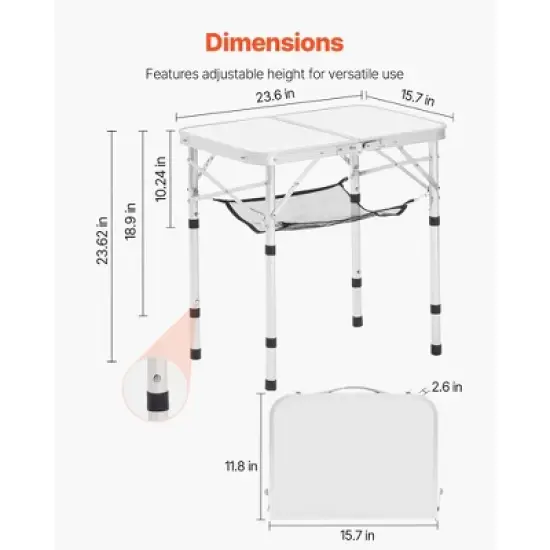 VEVOR Folding Camping Table, Adjustable Height Portable Side Tables, Aluminum MDF Beach Table with Mesh Layer, Carrying Handle, 24x16in, Silver image {7}