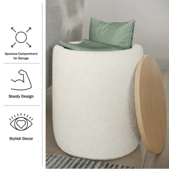 Lavish Home Storage Ottoman with Wood Top, Cream image {1}