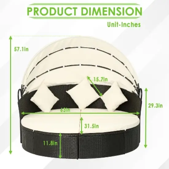 FDW Modern Outdoor Round Daybed with Retractable Canopy​, khaki image {6}