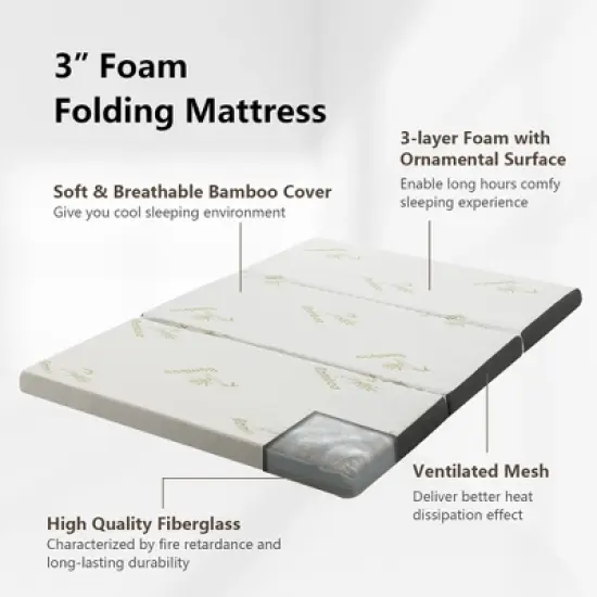 Costway Queen 3''Tri-fold Memory Foam Floor Mattress Topper Portable w/ Carrying Bag image {6}