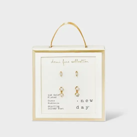 14K Gold Plated Cubic Zirconia Marquise and Dangle Duo Stud Earring Set - A New Day&trade; Gold image {2}
