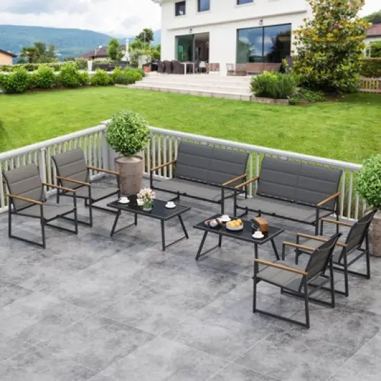 Costway 4/8 PCS Patio Furniture Setwith Padded Fabric Seat & Wood-Plastic Armrests Table image {10}