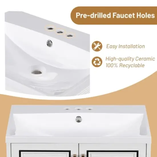 24" Wall Mounted Bathroom Vanity with Porcelain Sink and Two Shuttered Doors, White - ModernLuxe image {8}