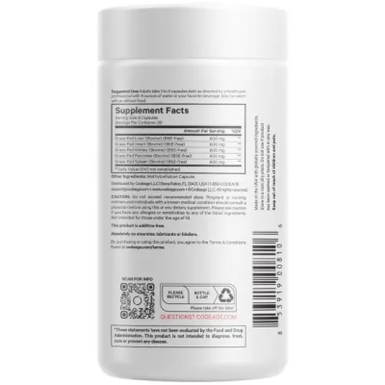 Codeage Grass-Fed Beef Organs Pasture-Raised Non-Defatted Glandular Supplement - 180ct image {1}