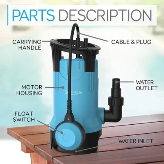 SereneLife Electric Submersible Water Pump - 750W, 3302 GPH, Auto Float Switch, Blue image {5}
