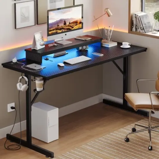Bestier 52 inch Gaming Desk with Power Strip and LED Monitor Stand for Home Office image {5}