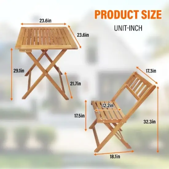 BestMassage 3-Pieces Acacia Wood Folding Bistro Set Outdoor Dining Set, Natural image {6}