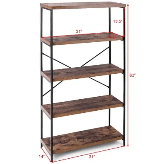 Costway 5-Tier Bookshelf, Industrial Etagere Bookcase, Rustic Display Shelf Organizer image {1}