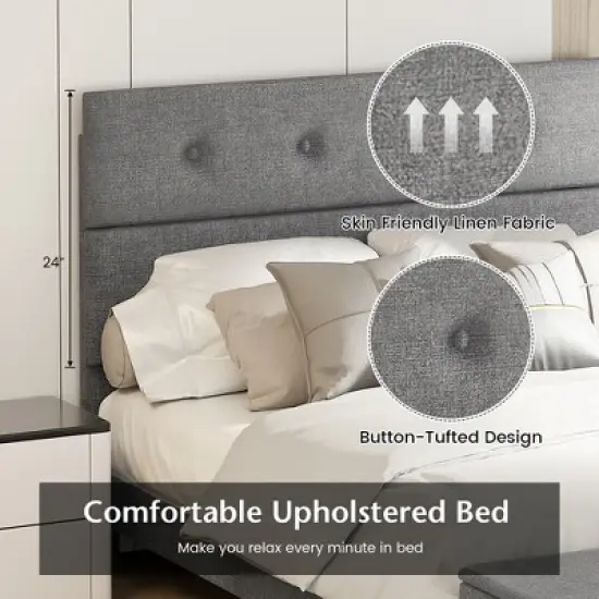 Costway Full Upholstered Bed Frame with Ottoman Storage Linen Button Tufted Headboard image {7}